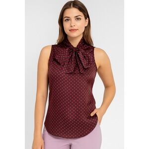 Eva Mendes New York & Co Polka Dot Tie Neck Sleeveless Blouse Burgundy 55-17‎